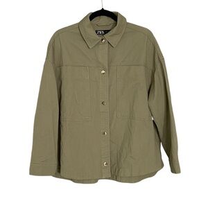 ZARA Cotton Oversized Button Front Long Sleeve Shirt Jacket Green S